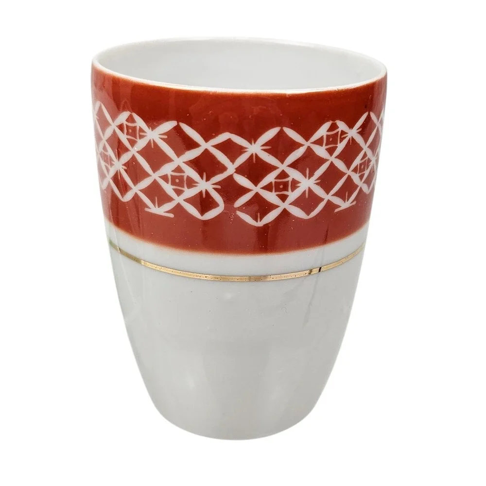 Set of 5 Red White Kutani Geometric Pattern Gold Rimmed Porcelain Tea Cups‎